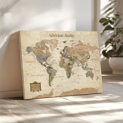 82844776-MGV-CV-30X20-Personalized World Map Print, Customizable Push Pin Framed World Map Print on Canvas - Custom Quote on Map Print