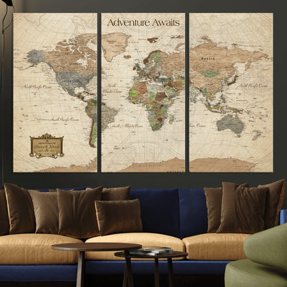 82844776-MGV-CV-48X32-3P-Personalized World Map Print, Customizable Push Pin Framed World Map Print on Canvas - Custom Quote on Map Print