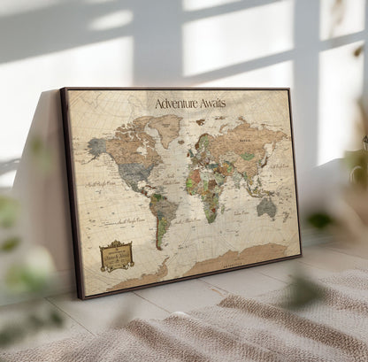 82844776-MGV-FC-30X20-Personalized World Map Print, Customizable Push Pin Framed World Map Print on Canvas - Custom Quote on Map Print