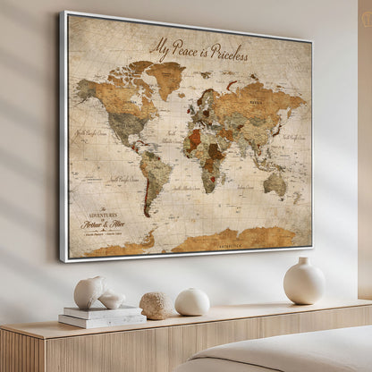 82844776-MGV-FC-30X20-Personalized World Map Print, Customizable Push Pin Framed World Map Print on Canvas - Custom Quote on Map Print