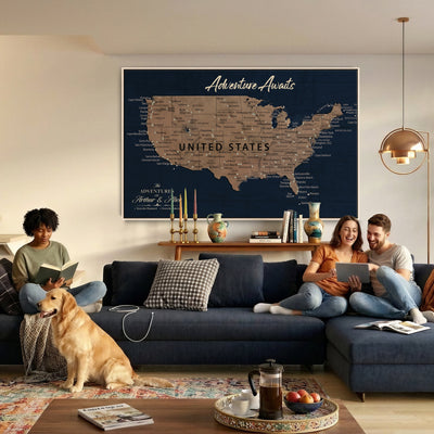 12015888-MGV-CV-36X24 - Blue Custom USA Push Pin Travel Map Canvas for Trip Tracker