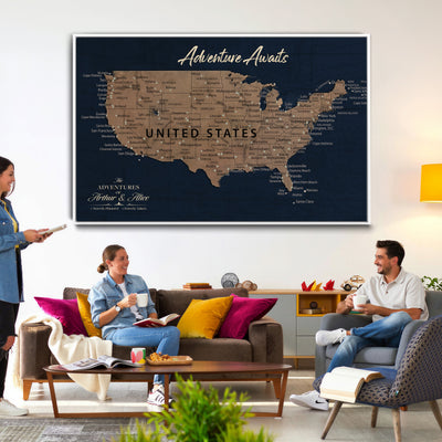 12015888-MGV-CV-36X24 - Blue Custom USA Push Pin Travel Map Canvas for Trip Tracker