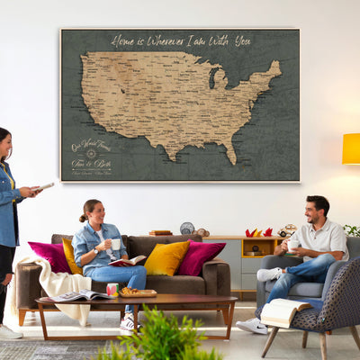 41270900-MGV-CV-36X24 - Custom Push Pin US Map Canvas | Personalized Travel Tracker | America Cities Map Anniversary Gift for Couples | Adventure America Map Wall Art with Pin