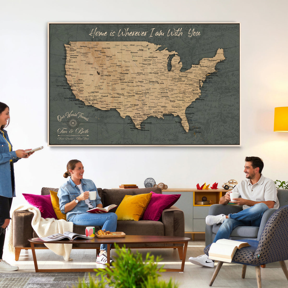 41270900-MGV-CV-36X24 - Custom Push Pin US Map Canvas | Personalized Travel Tracker | America Cities Map Anniversary Gift for Couples | Adventure America Map Wall Art with Pin
