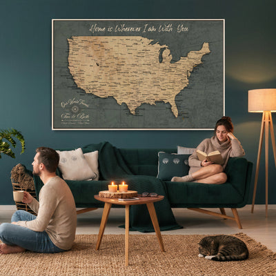41270900-MGV-CV-36X24 - Custom Push Pin US Map Canvas | Personalized Travel Tracker | America Cities Map Anniversary Gift for Couples | Adventure America Map Wall Art with Pin