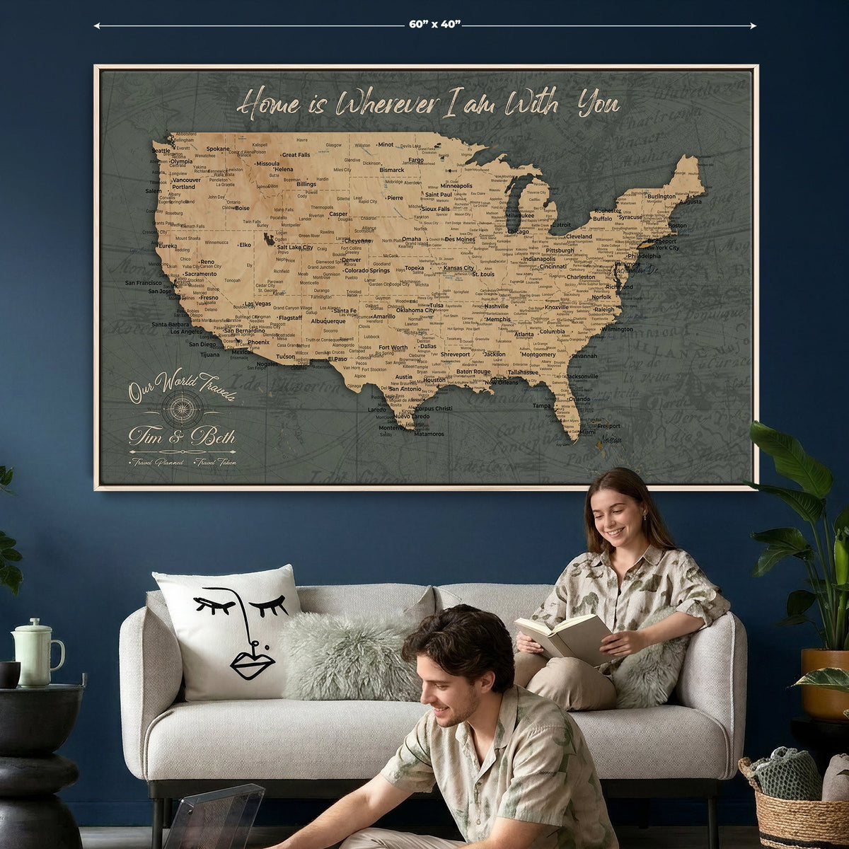 41270900-MGV-CV-36X24 - Custom Push Pin US Map Canvas | Personalized Travel Tracker | America Cities Map Anniversary Gift for Couples | Adventure America Map Wall Art with Pin