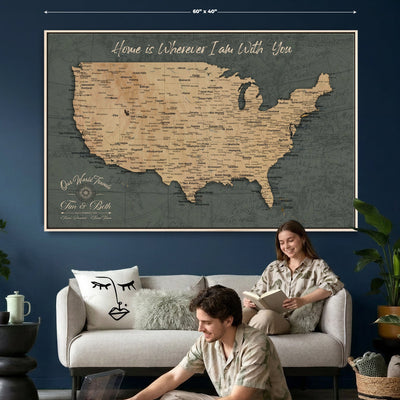 41270900-MGV-CV-36X24 - Custom Push Pin US Map Canvas | Personalized Travel Tracker | America Cities Map Anniversary Gift for Couples | Adventure America Map Wall Art with Pin