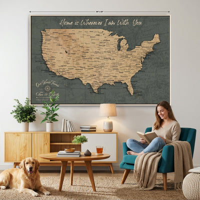 41270900-MGV-CV-36X24 - Custom Push Pin US Map Canvas | Personalized Travel Tracker | America Cities Map Anniversary Gift for Couples | Adventure America Map Wall Art with Pin