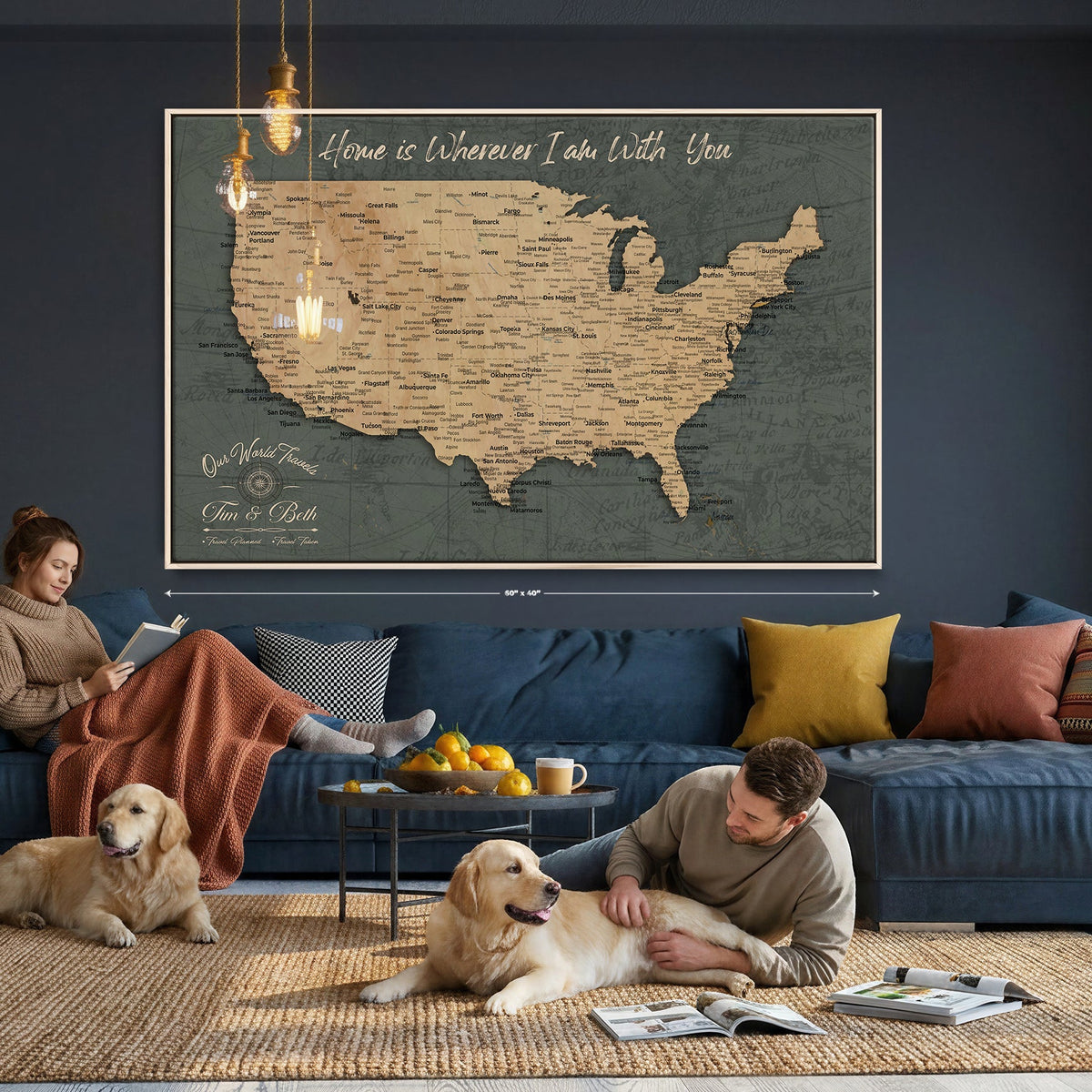 41270900-MGV-CV-36X24 - Custom Push Pin US Map Canvas | Personalized Travel Tracker | America Cities Map Anniversary Gift for Couples | Adventure America Map Wall Art with Pin