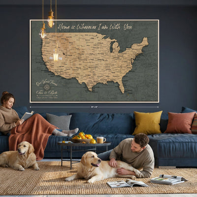 41270900-MGV-CV-36X24 - Custom Push Pin US Map Canvas | Personalized Travel Tracker | America Cities Map Anniversary Gift for Couples | Adventure America Map Wall Art with Pin