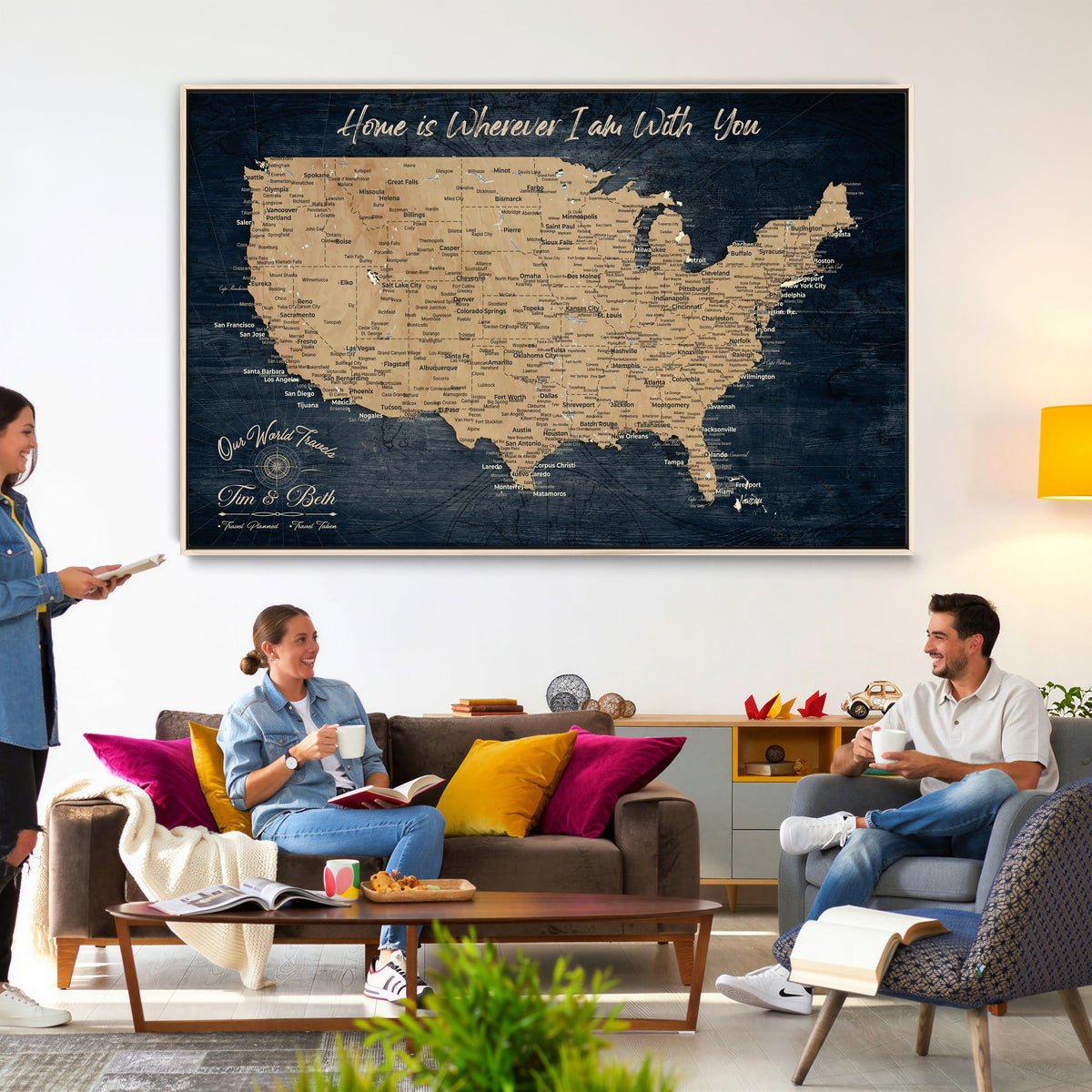 48467834-MGV-CV-36X24 - Custom Push Pin US Map Canvas | Personalized Travel Tracker | America Cities Map Anniversary Gift for Couples | Adventure America Map Wall Art with Pins