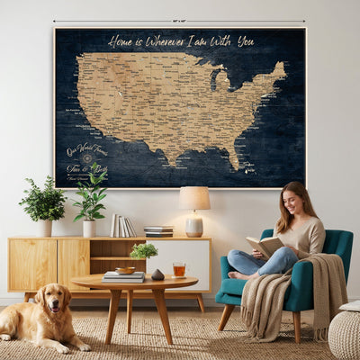 48467834-MGV-CV-36X24 - Custom Push Pin US Map Canvas | Personalized Travel Tracker | America Cities Map Anniversary Gift for Couples | Adventure America Map Wall Art with Pins
