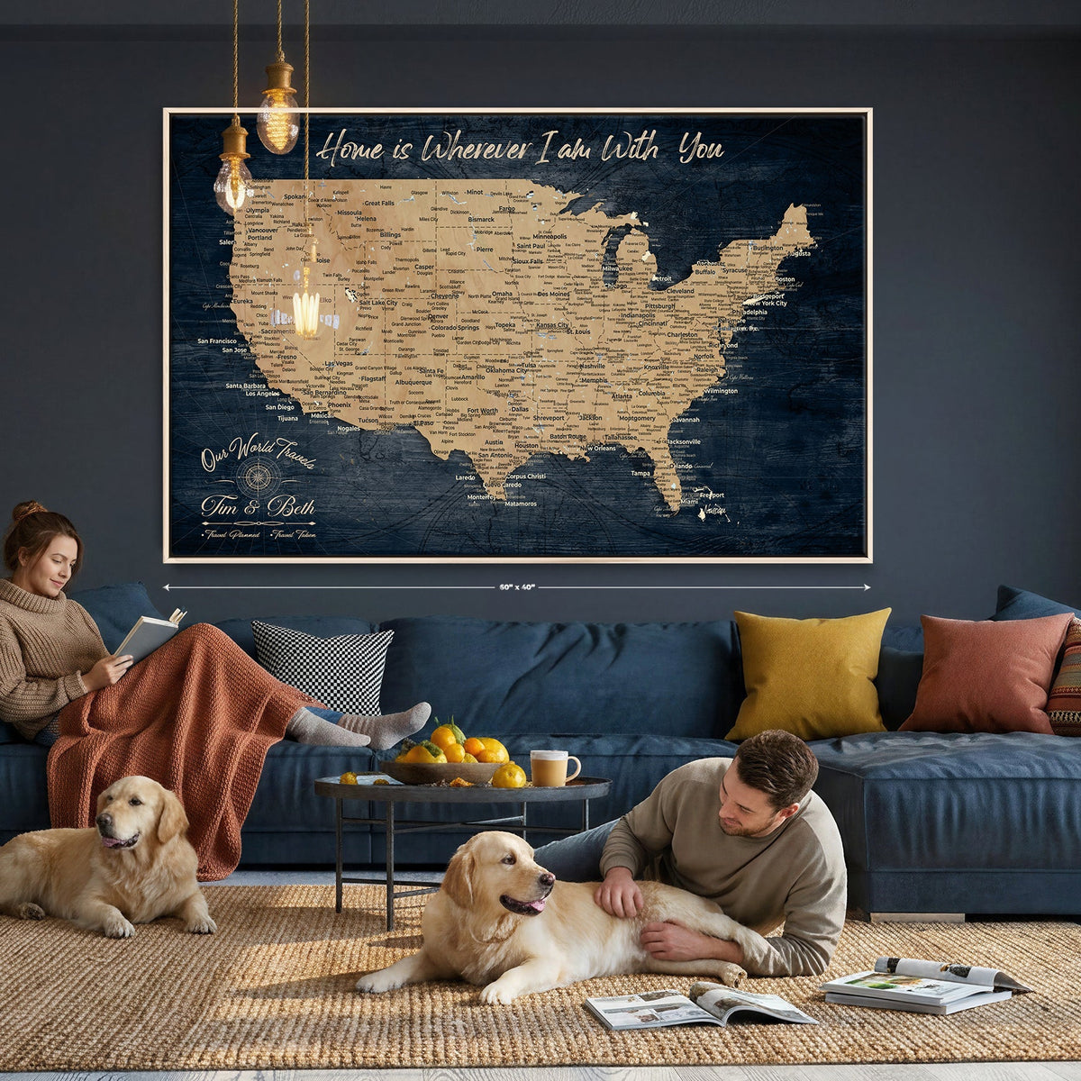 48467834-MGV-CV-36X24 - Custom Push Pin US Map Canvas | Personalized Travel Tracker | America Cities Map Anniversary Gift for Couples | Adventure America Map Wall Art with Pins