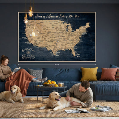 48467834-MGV-CV-36X24 - Custom Push Pin US Map Canvas | Personalized Travel Tracker | America Cities Map Anniversary Gift for Couples | Adventure America Map Wall Art with Pins