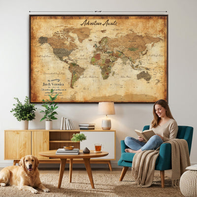 14637271H1-MGV-CV-36X24 - Custom Push Pin World Map Canvas | Personalized Travel Tracker | Wedding Anniversary Gift for Couples | Adventure Map Wall Art with Pins