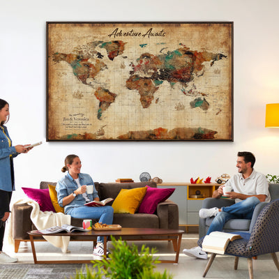 14637271HS-MGV-CV-36X24 - Custom Push Pin World Map Canvas | Personalized Travel Tracker | Wedding Anniversary Gift for Couples | Adventure Map Wall Art with Pins