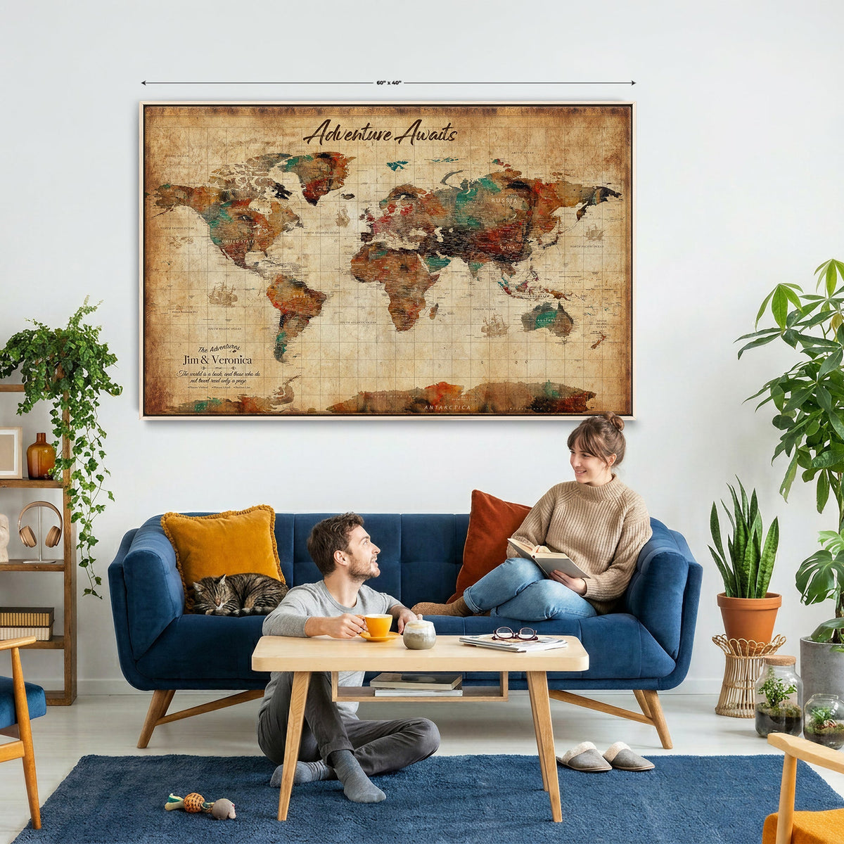 14637271HS-MGV-CV-36X24 - Custom Push Pin World Map Canvas | Personalized Travel Tracker | Wedding Anniversary Gift for Couples | Adventure Map Wall Art with Pins