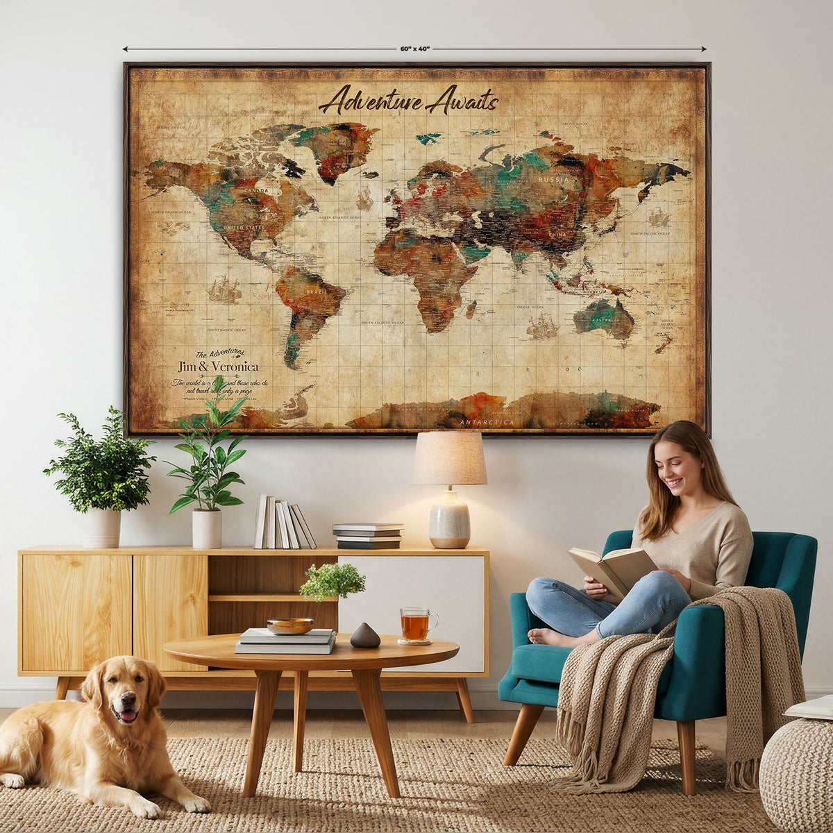 14637271HS-MGV-CV-36X24 - Custom Push Pin World Map Canvas | Personalized Travel Tracker | Wedding Anniversary Gift for Couples | Adventure Map Wall Art with Pins