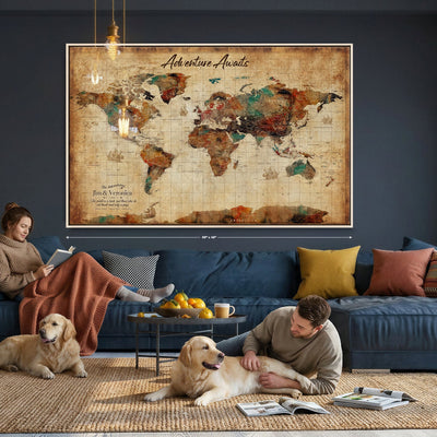 14637271HS-MGV-CV-36X24 - Custom Push Pin World Map Canvas | Personalized Travel Tracker | Wedding Anniversary Gift for Couples | Adventure Map Wall Art with Pins