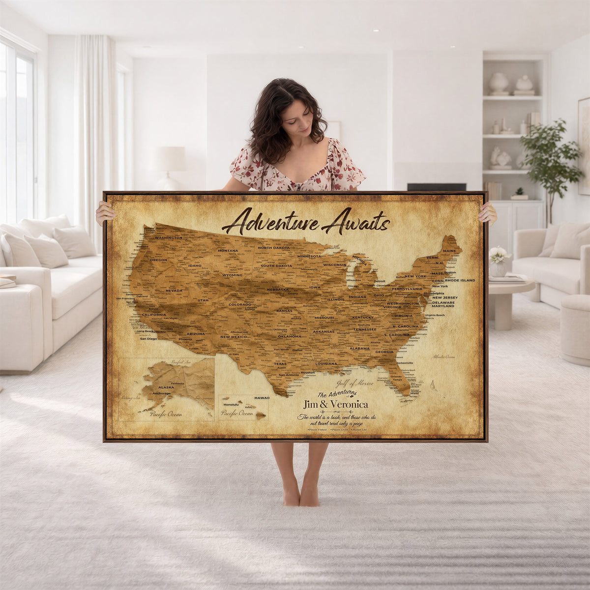 41270900KR-MGV-CV-36X24 - Custom Push Pin US Map Canvas | Personalized Travel Tracker | America Cities Map Anniversary Gift for Couples | Adventure America Map Wall Art with Pins