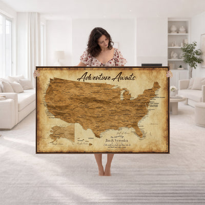 41270900KR-MGV-CV-36X24 - Custom Push Pin US Map Canvas | Personalized Travel Tracker | America Cities Map Anniversary Gift for Couples | Adventure America Map Wall Art with Pins