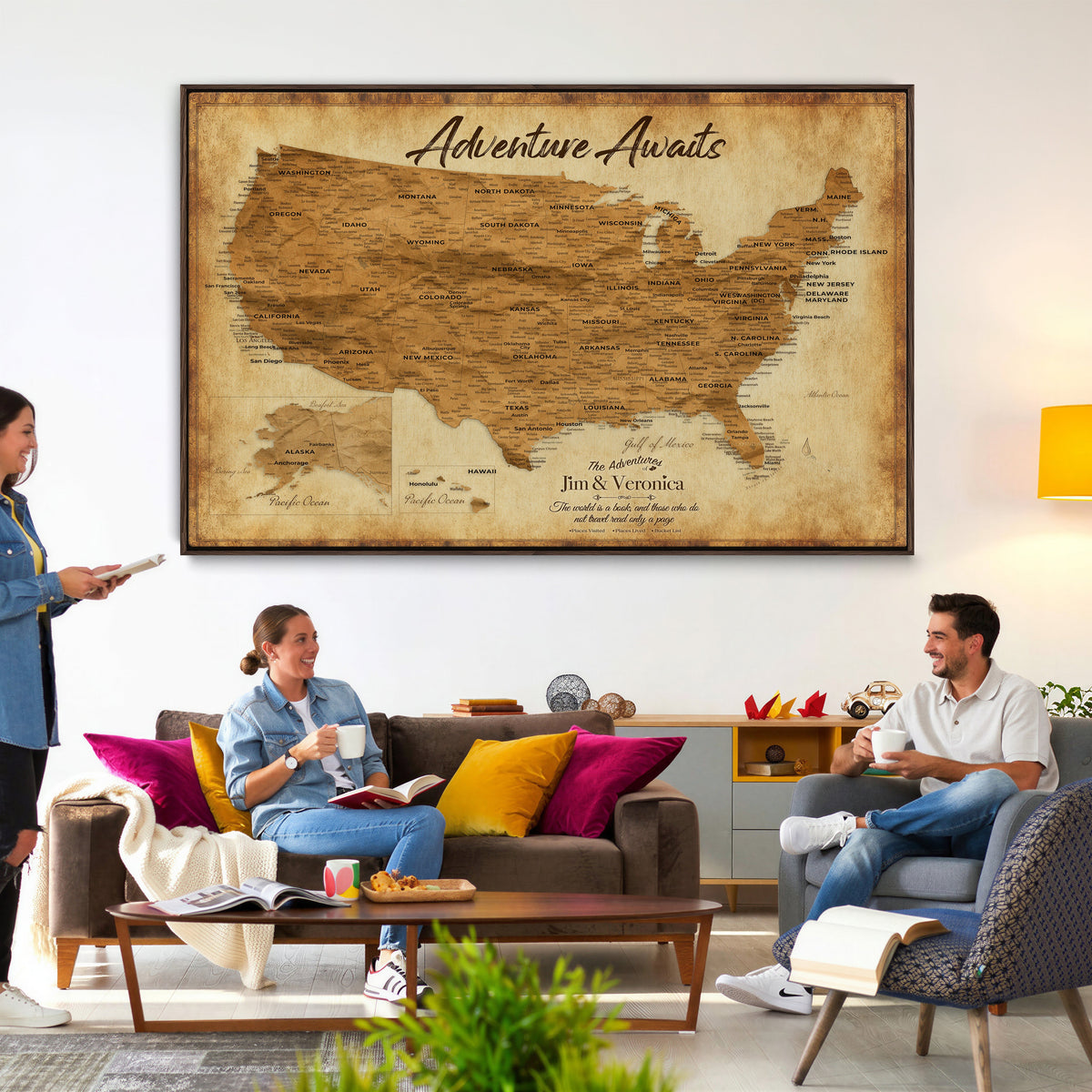 41270900KR-MGV-CV-36X24 - Custom Push Pin US Map Canvas | Personalized Travel Tracker | America Cities Map Anniversary Gift for Couples | Adventure America Map Wall Art with Pins