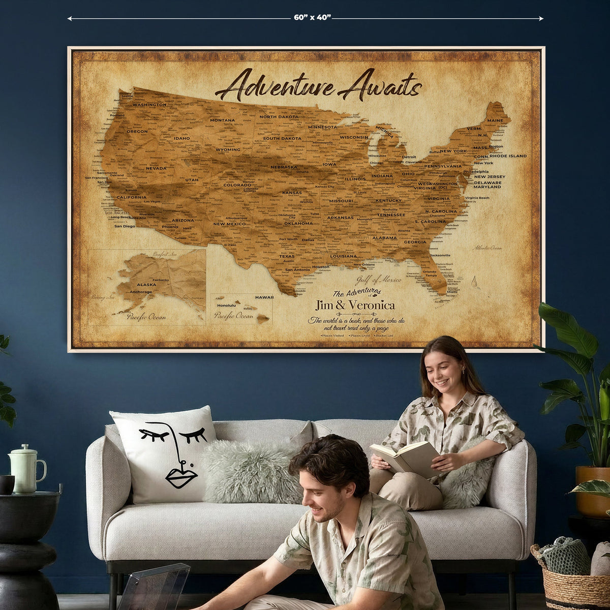 41270900KR-MGV-CV-36X24 - Custom Push Pin US Map Canvas | Personalized Travel Tracker | America Cities Map Anniversary Gift for Couples | Adventure America Map Wall Art with Pins