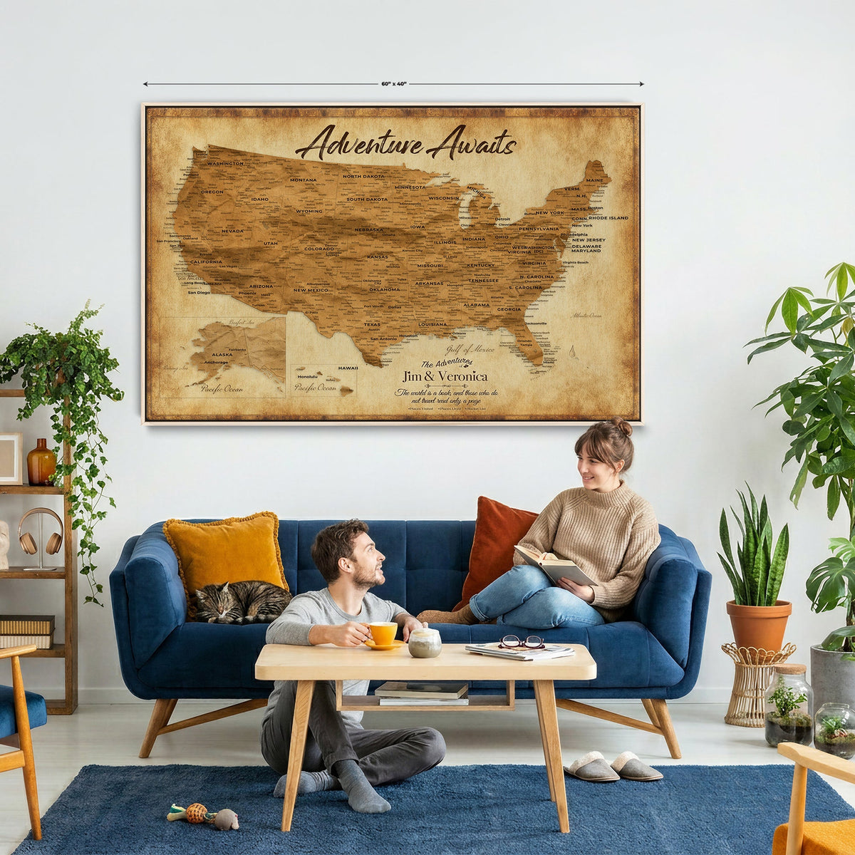 41270900KR-MGV-CV-36X24 - Custom Push Pin US Map Canvas | Personalized Travel Tracker | America Cities Map Anniversary Gift for Couples | Adventure America Map Wall Art with Pins