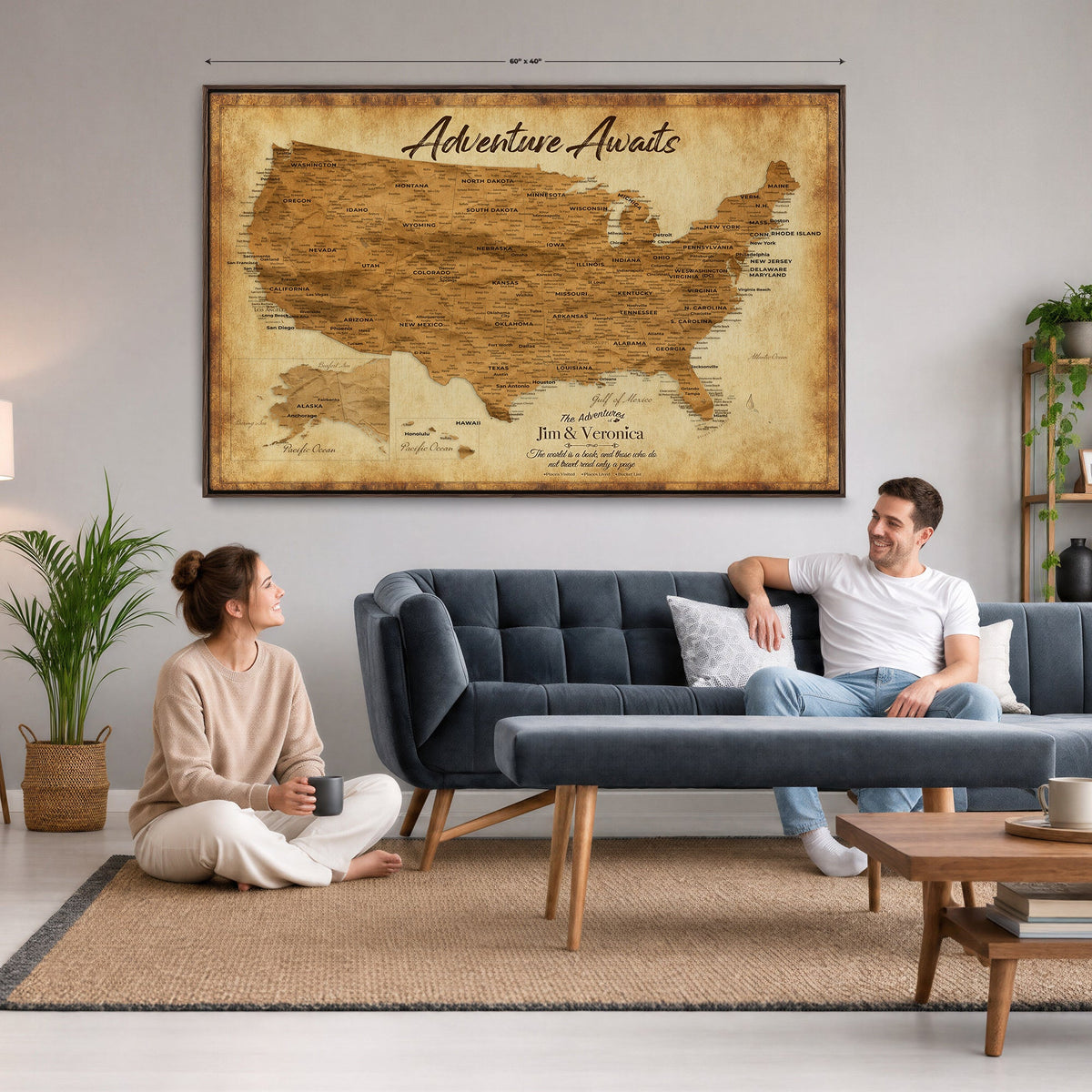 41270900KR-MGV-CV-36X24 - Custom Push Pin US Map Canvas | Personalized Travel Tracker | America Cities Map Anniversary Gift for Couples | Adventure America Map Wall Art with Pins