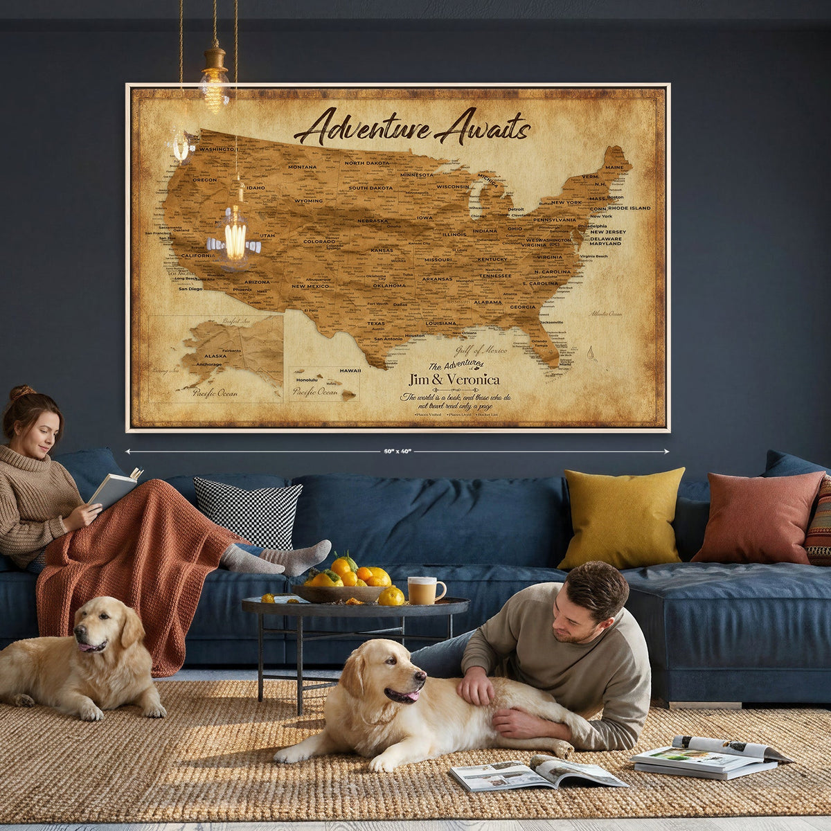 41270900KR-MGV-CV-36X24 - Custom Push Pin US Map Canvas | Personalized Travel Tracker | America Cities Map Anniversary Gift for Couples | Adventure America Map Wall Art with Pins