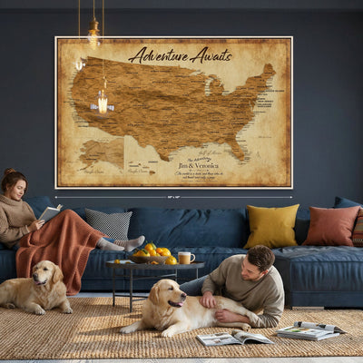 41270900KR-MGV-CV-36X24 - Custom Push Pin US Map Canvas | Personalized Travel Tracker | America Cities Map Anniversary Gift for Couples | Adventure America Map Wall Art with Pins