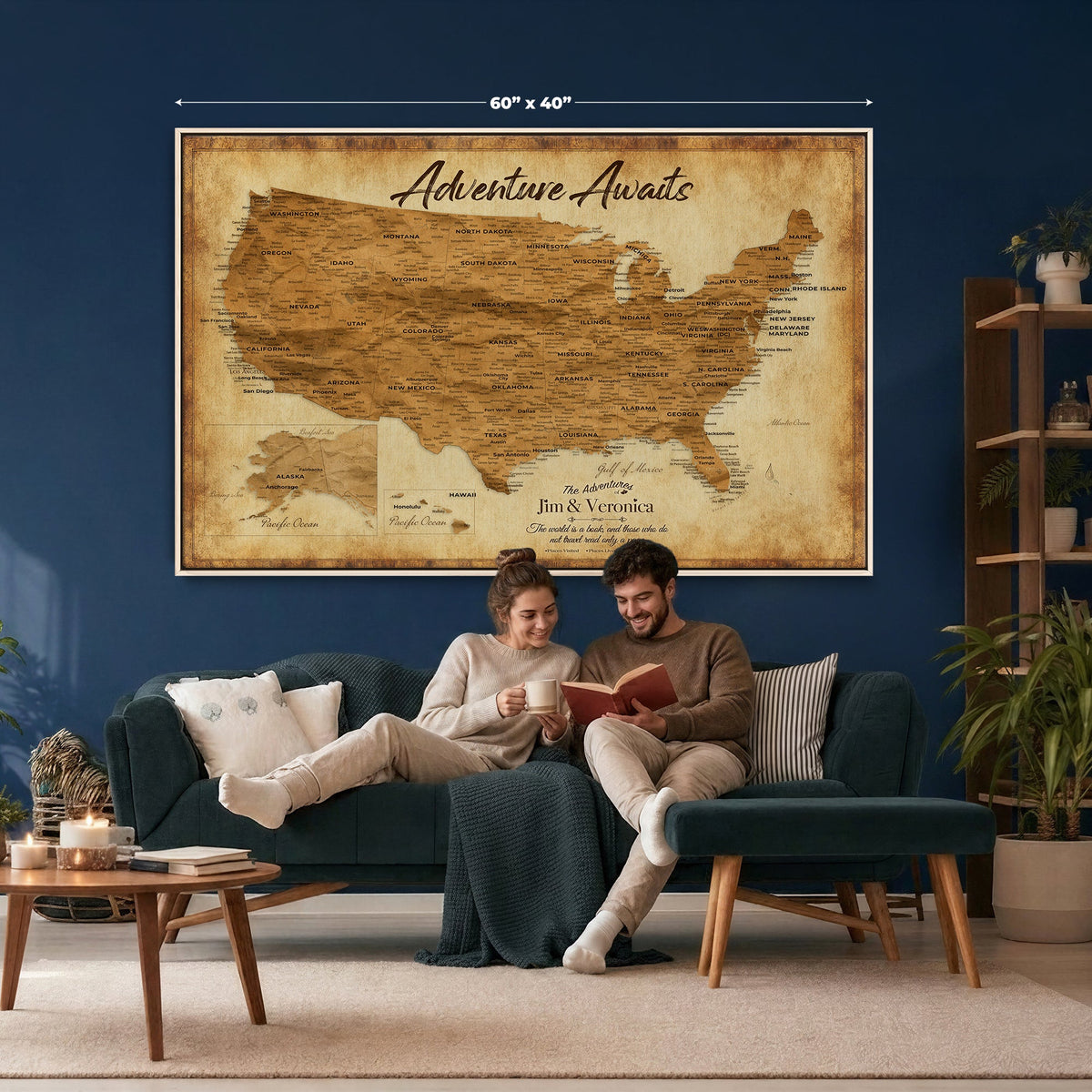 41270900KR-MGV-CV-36X24 - Custom Push Pin US Map Canvas | Personalized Travel Tracker | America Cities Map Anniversary Gift for Couples | Adventure America Map Wall Art with Pins