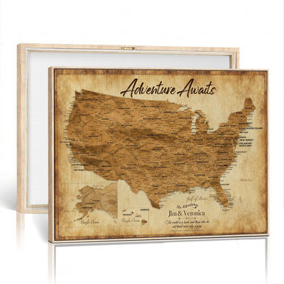 41270900KR-MGV-CV-36X24 - Custom Push Pin US Map Canvas | Personalized Travel Tracker | America Cities Map Anniversary Gift for Couples | Adventure America Map Wall Art with Pins
