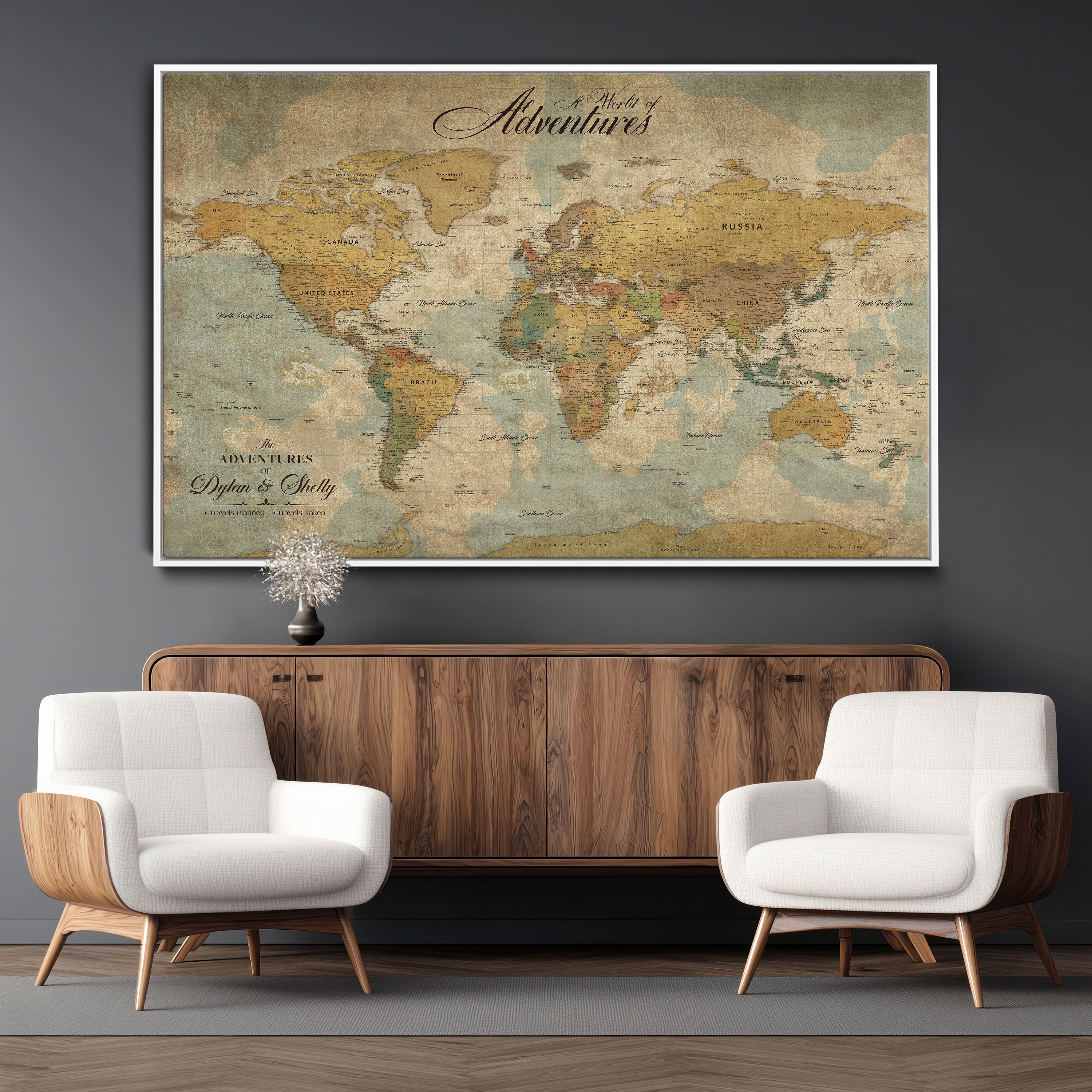 37466236-MGV-CV-36X24-Custom Push Pin World Map Wall Canvas Print – Personalized Travel Tracker with Pins – Framed Custom Quotie Canvas for Home Office Decor