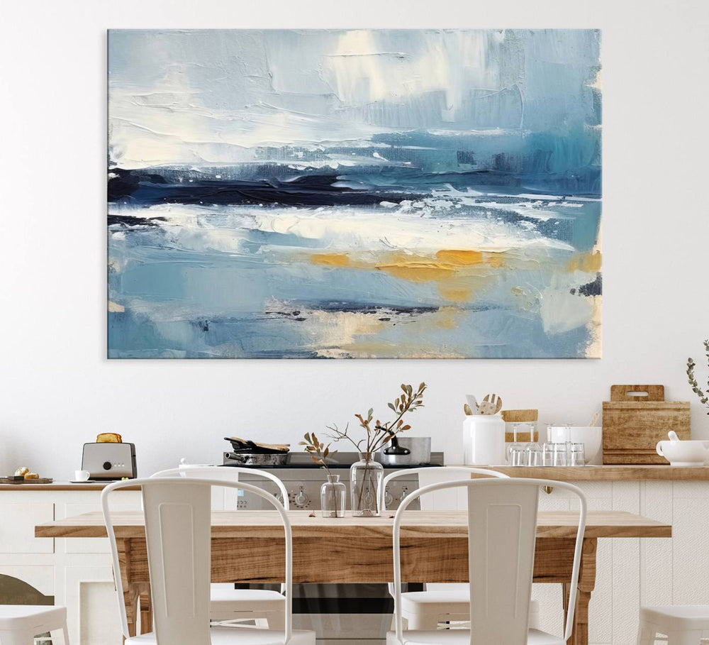 Abstract Ocean Canvas Wall Art - Coastal Blue and Gold Textured Painting, Modern Seascape Decor for Living Room Decor