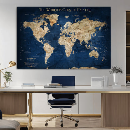 Custom World Map Wall Art – Personalized Framed Canvas Print with Push Pins for Travel Tracking, Anniversary or Couple Gift Ideas - H2-2