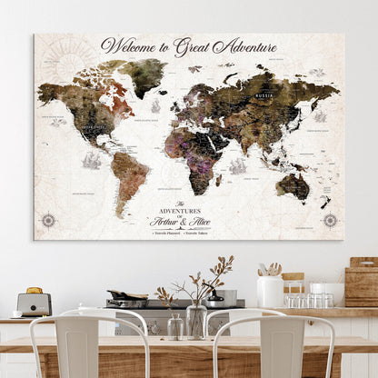 35778202-MGV-CV-36X24-Custom Push Pin World Map Wall Canvas Print – Personalized Travel Map with Pins – Framed Large Canvas for Home Office Decor