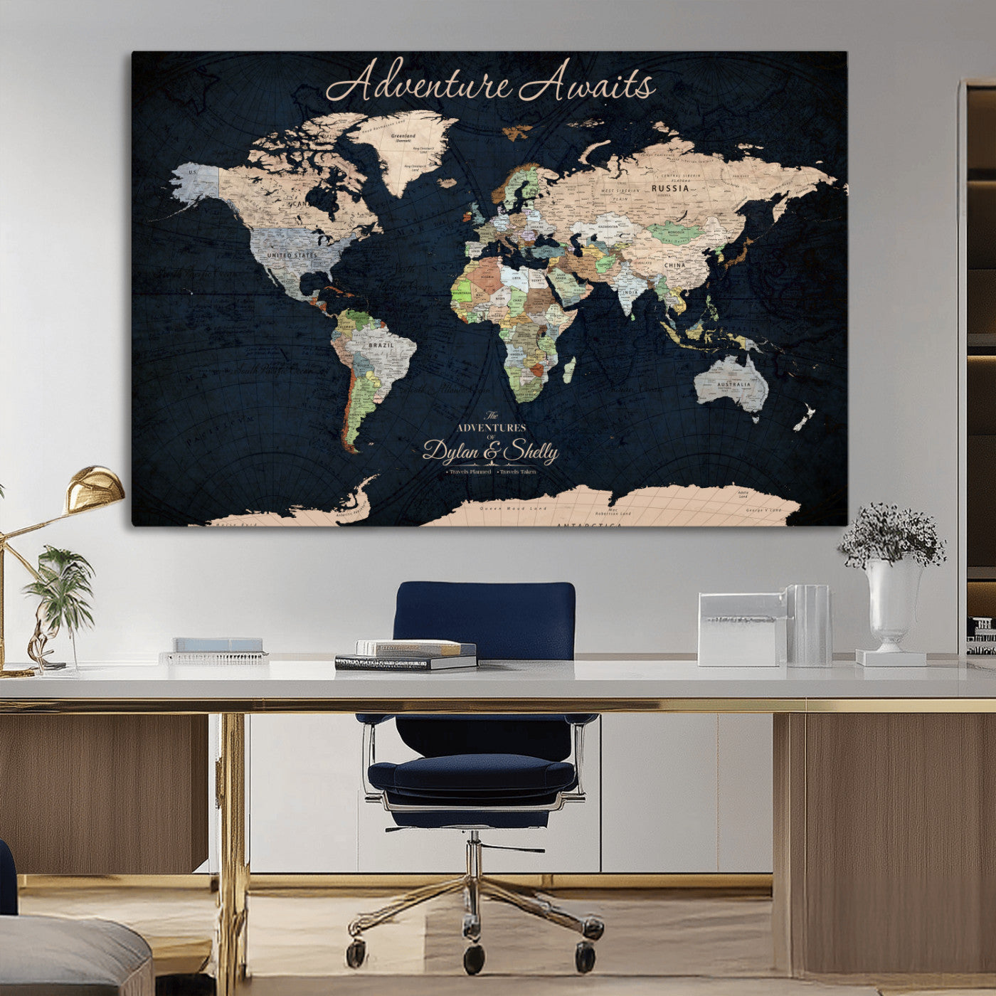 43186793-MGV-CV-30X20-Personalized World Map Print, Customizable Push Pin Framed World Map Print on Canvas - Custom Quote on Map Print