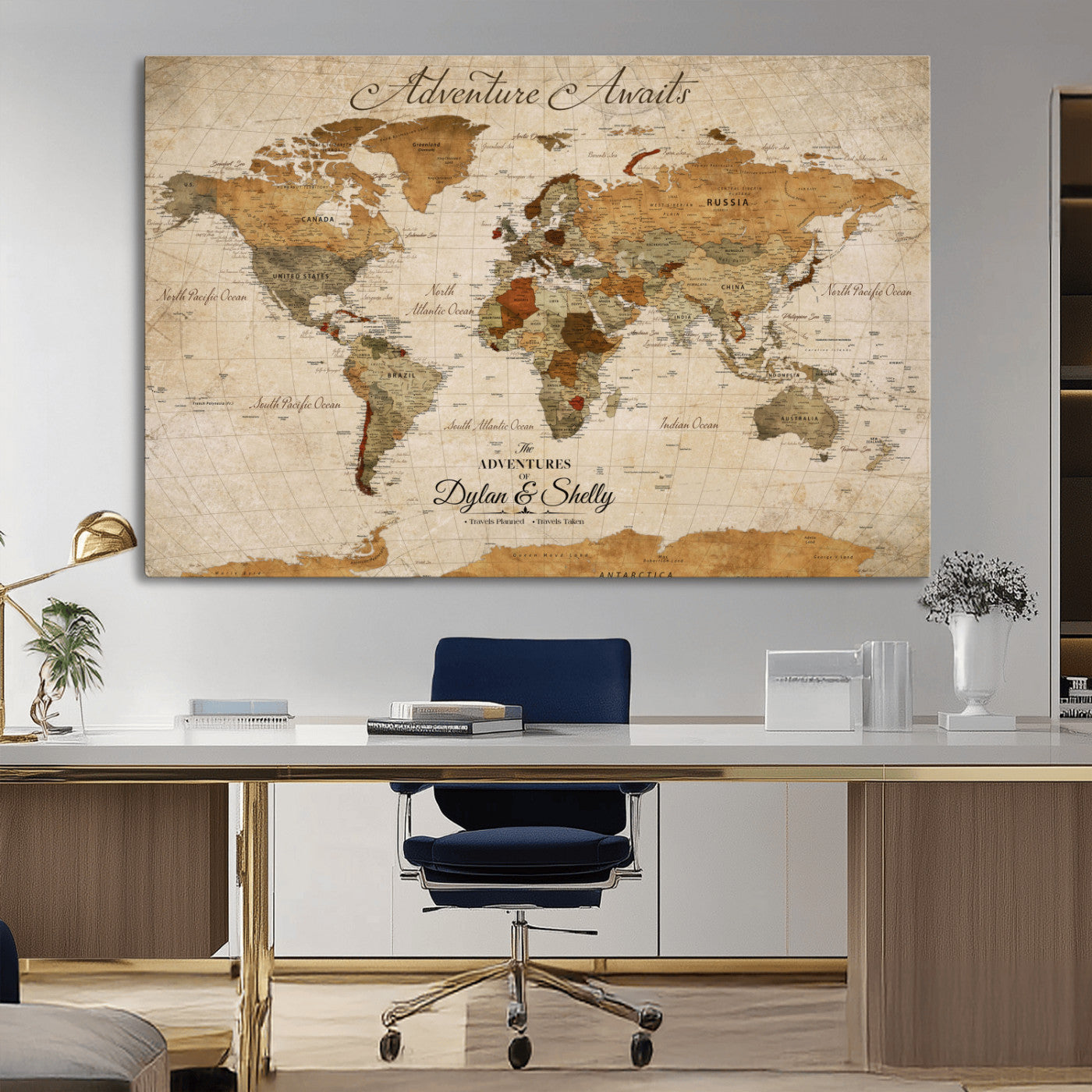 20810820-MGV-CV-30X20-Personalized World Map Print, Customizable Push Pin Framed World Map Print on Canvas - Custom Quote on Map Print