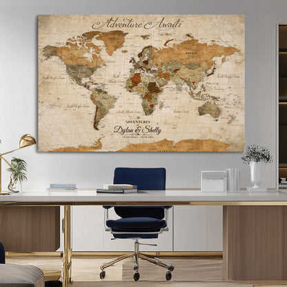 20810820-MGV-CV-30X20-Personalized World Map Print, Customizable Push Pin Framed World Map Print on Canvas - Custom Quote on Map Print