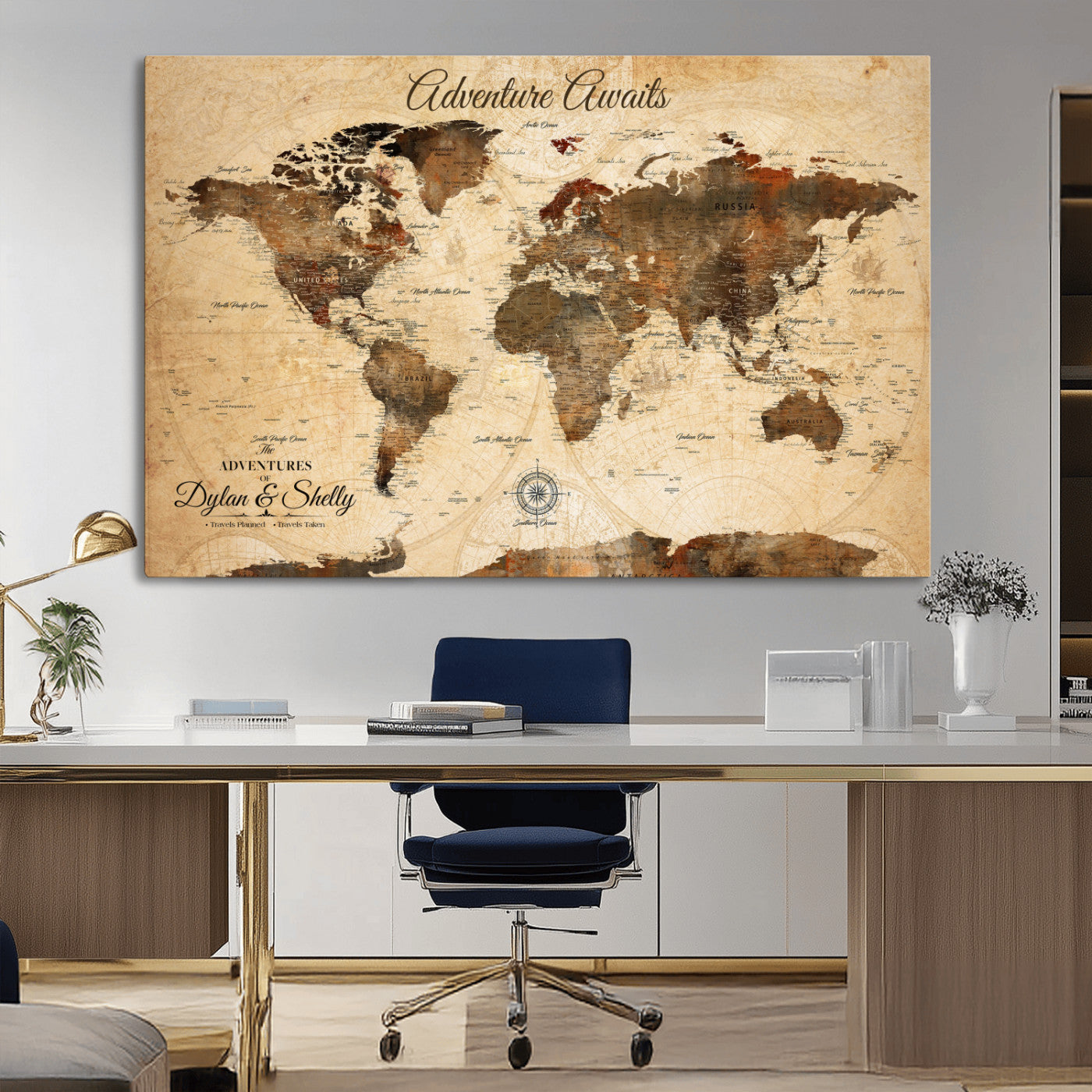 66357947-MGV-CV-36X24-Personalized World Map Print, Customizable Push Pin Framed World Map Print on Canvas - Custom Quote on Map Print