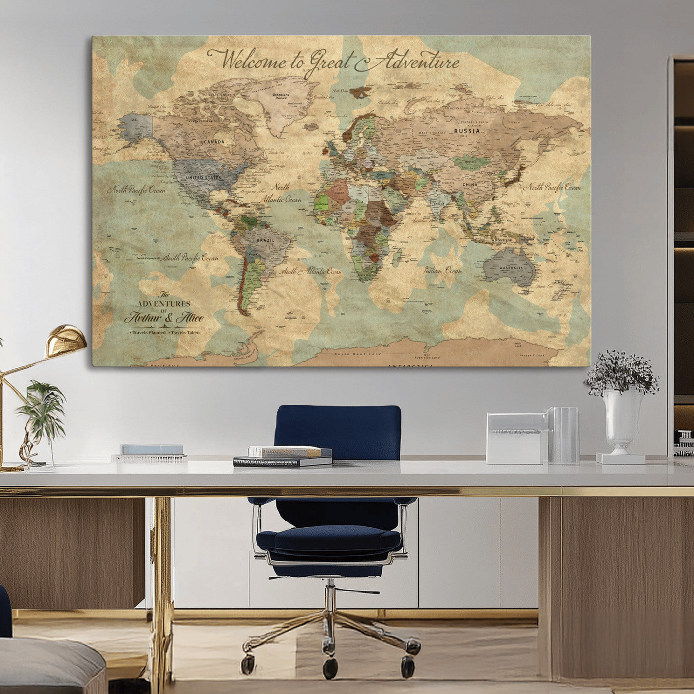 17693651-MGV-CV-36X24-Custom Push Pin World Map Wall Canvas Print – Personalized Travel Tracker with Pins – Framed Custom Quotie Canvas for Home Office Decor Art Print