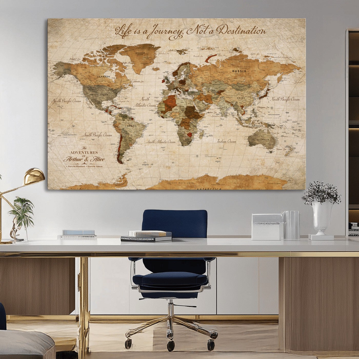 79036691-MGV-CV-30X20-Custom Push Pin World Map Wall Canvas Print – Personalized Travel Tracker with Pins – Framed Custom Quotie Canvas for Home Office Decor