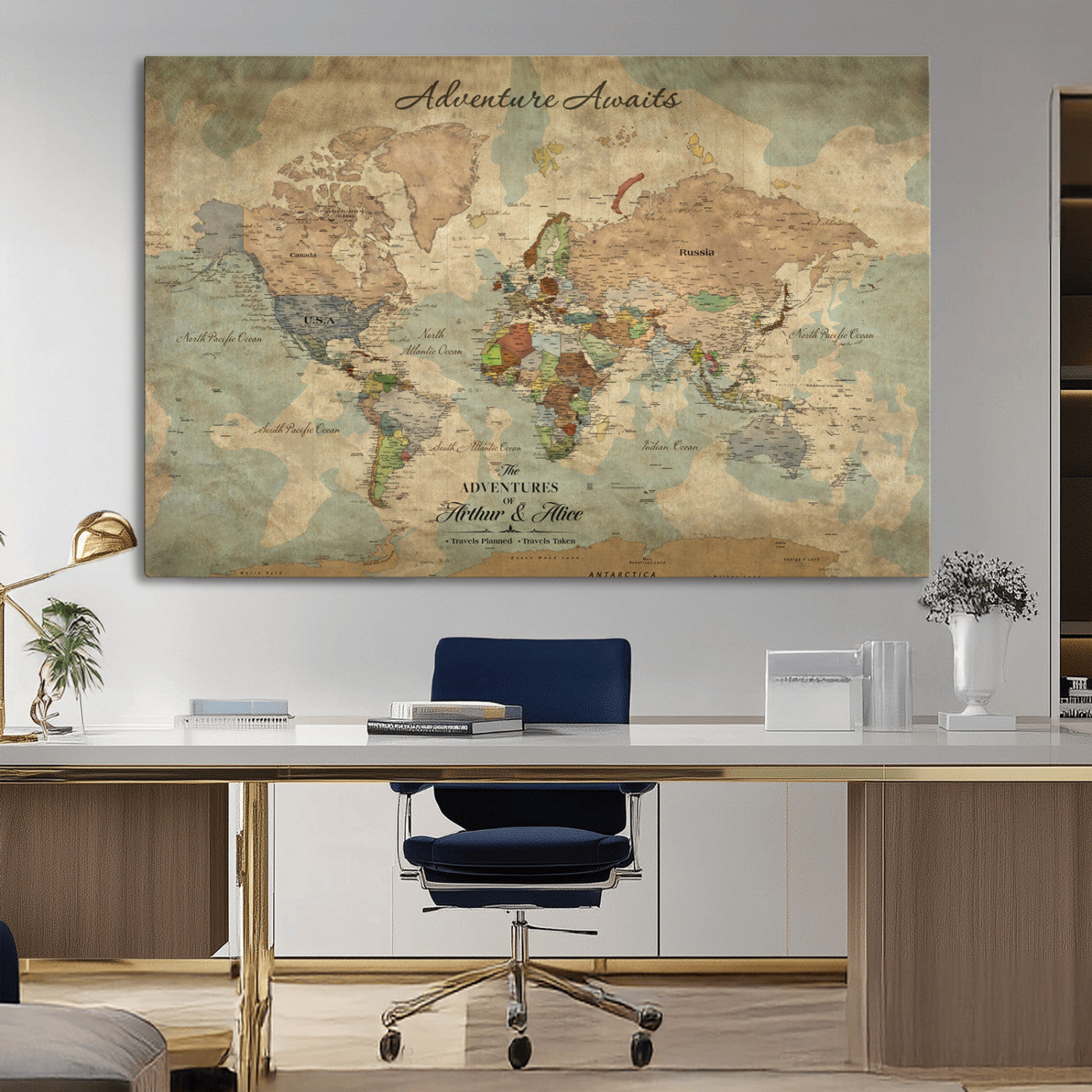 60798273-MGV-CV-30X20-Custom Push Pin World Map Wall Canvas Print – Personalized Travel Tracker with Pins – Framed Custom Quotie Canvas for Home Office Decor