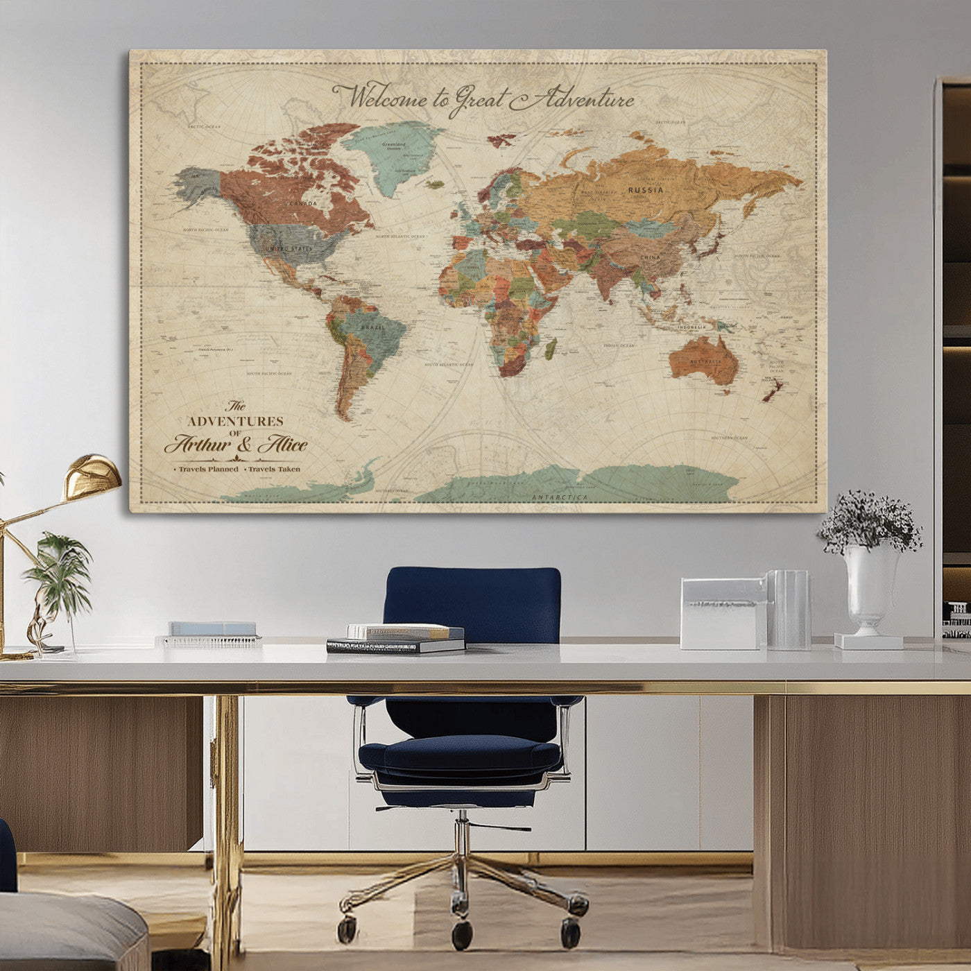 17587858-MGV-CV-36X24-Custom Push Pin World Map Wall Canvas Print – Personalized Travel Tracker with Pins – Framed Custom Quotie Canvas for Home Office Decor