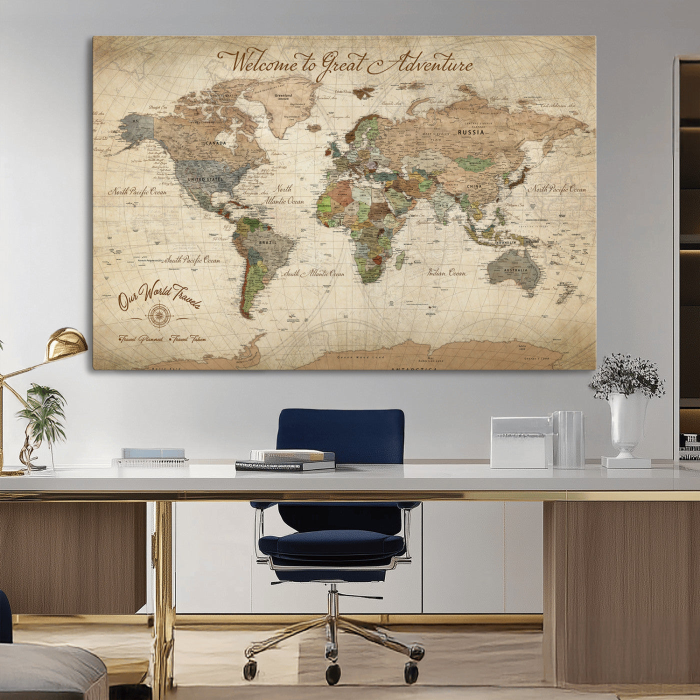 76478536-MGV-CV-30X20-Custom Push Pin World Map Wall Canvas Print – Personalized Travel Tracker with Pins – Framed Custom Quotie Canvas for Home Office Decor