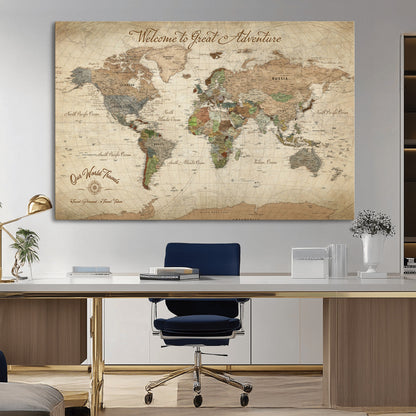 76478536-MGV-CV-30X20-Custom Push Pin World Map Wall Canvas Print – Personalized Travel Tracker with Pins – Framed Custom Quotie Canvas for Home Office Decor