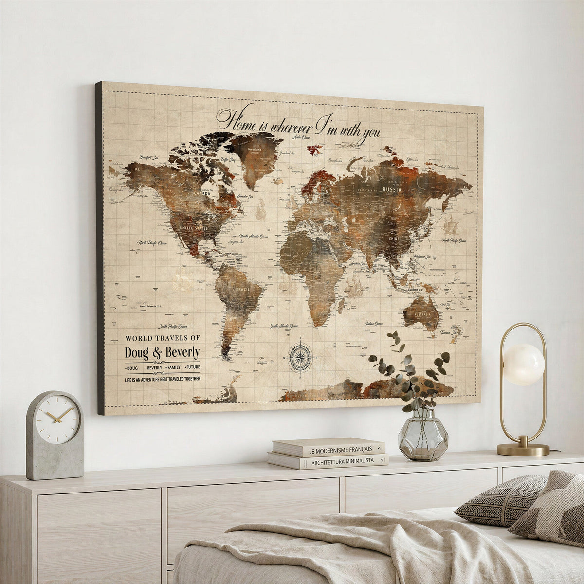 Large Custom Framed Beige Vintage World Travel Map Wall Art with Pins, Couples Countries Visited Map, Living Room and Hallway Decor