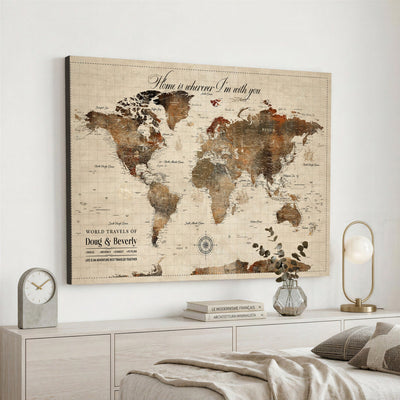 Large Custom Framed Beige Vintage World Travel Map Wall Art with Pins, Couples Countries Visited Map, Living Room and Hallway Decor