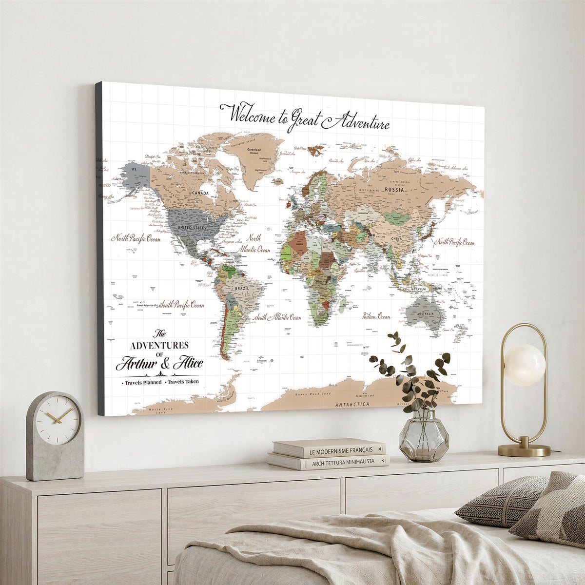 85396539-MGV-CV-36X24 - Custom Beige Push Pin World Map Wall Art, Bucket List Map, Study and Hallway Decor
